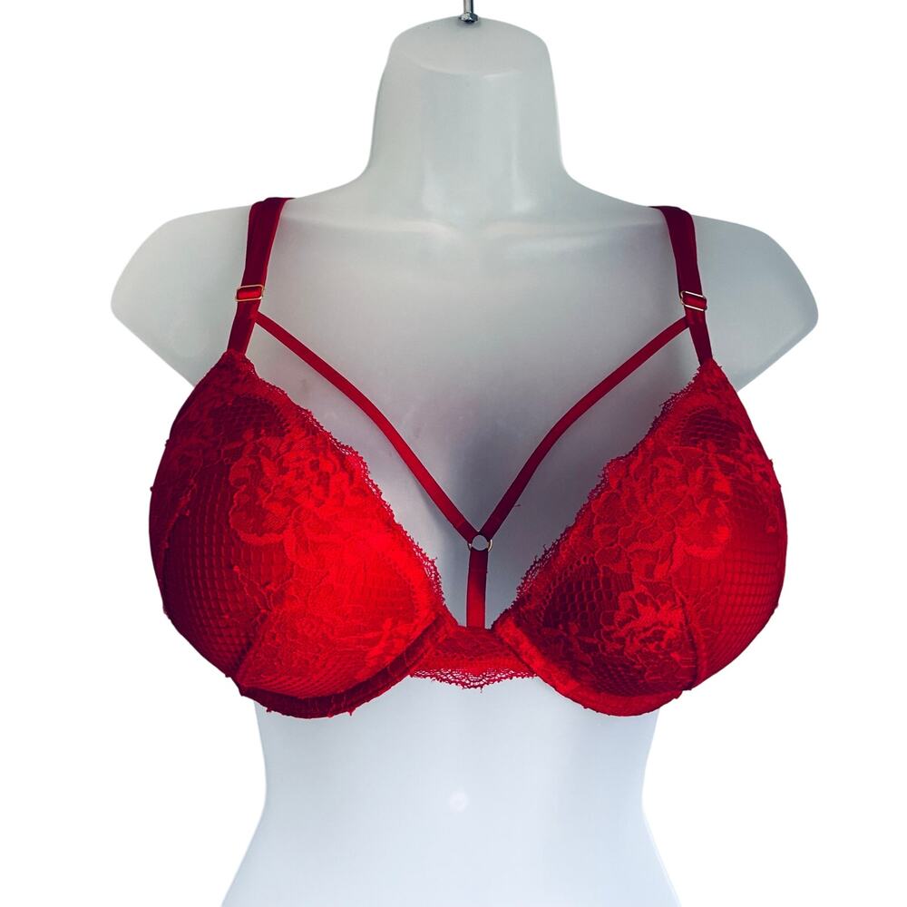 Victoria's Secret Bombshell Bra Red Lace 36C Padded Plunge